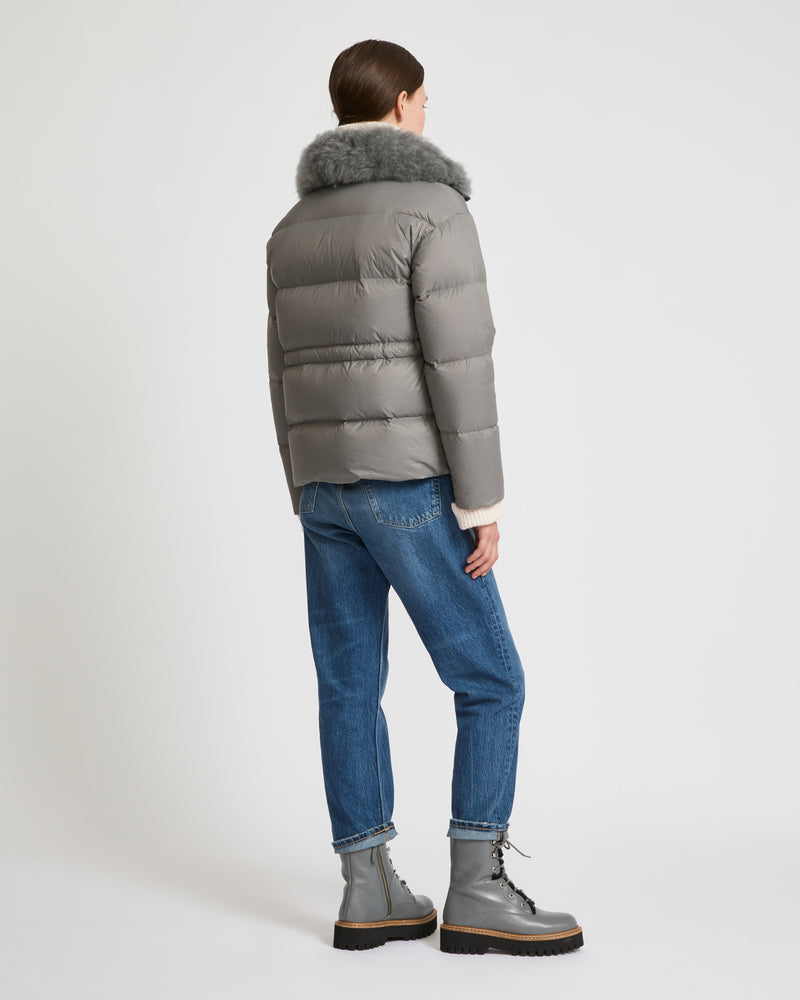 Down jacket with fluffy lambswool trim