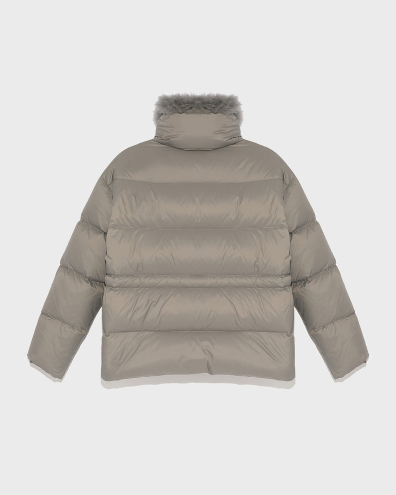 Down jacket with fluffy lambswool trim