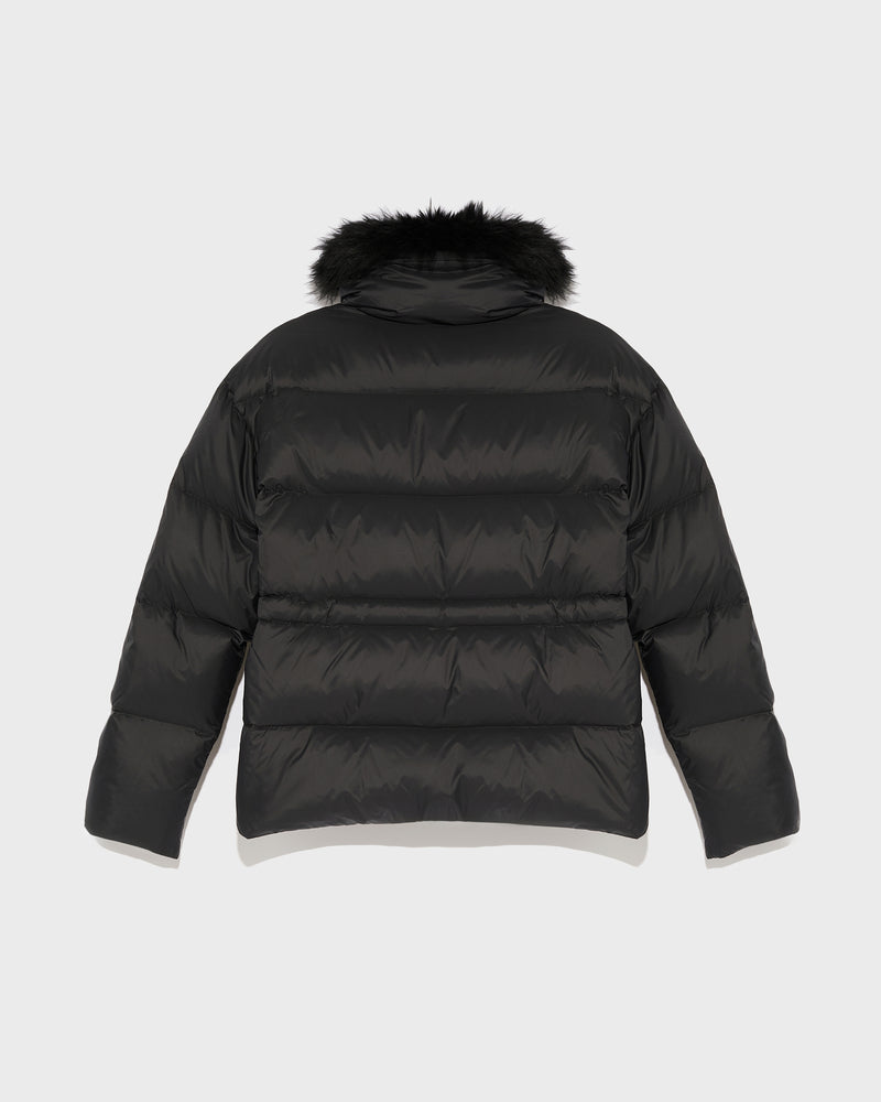 Down jacket with fluffy lambswool trim