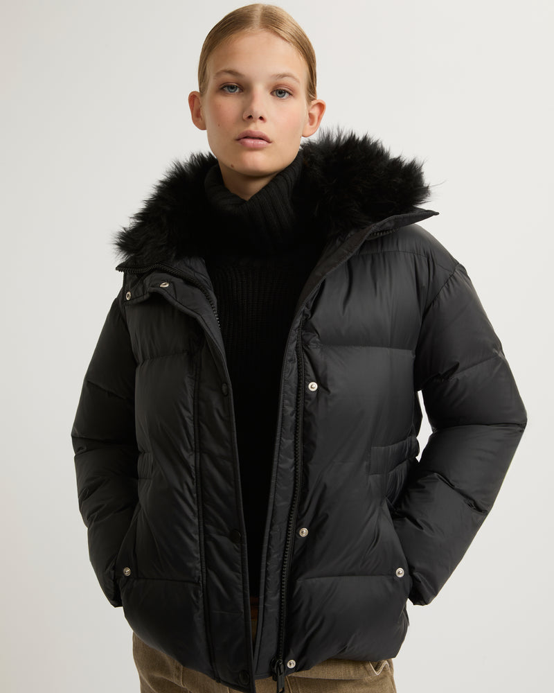 Down jacket with fluffy lambswool trim