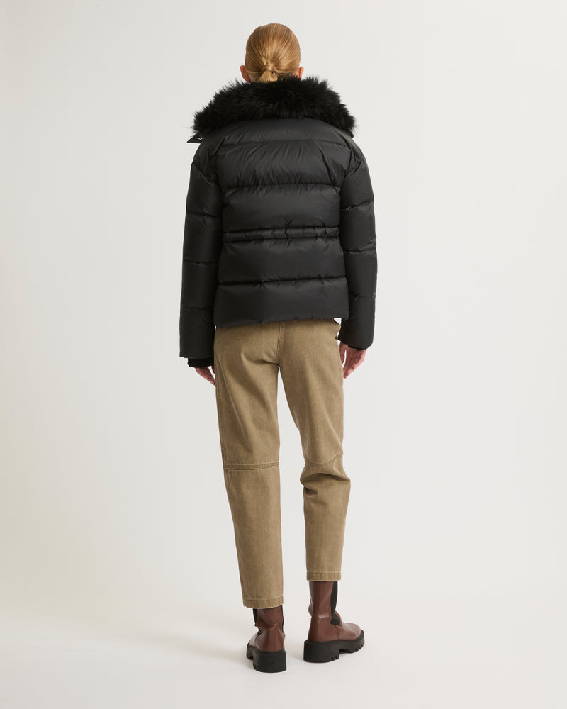 Down jacket with fluffy lambswool trim