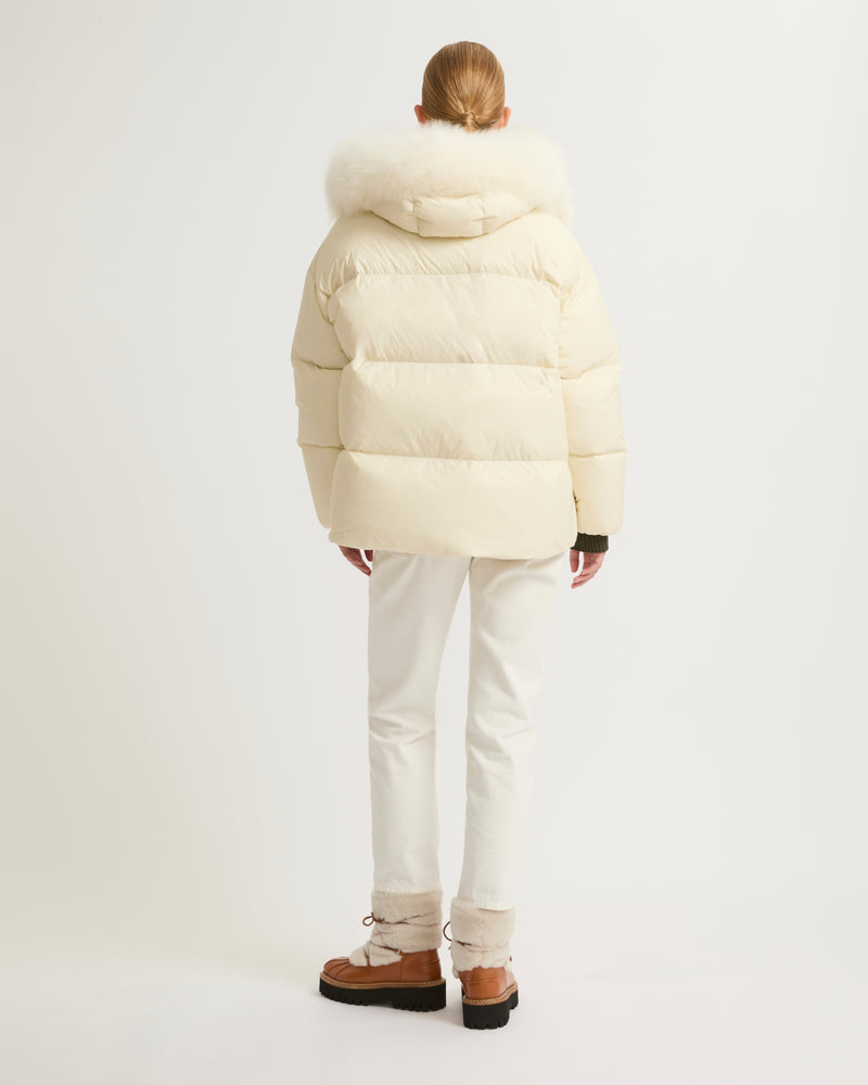 Hooded down jacket with fluffy lambswool trim