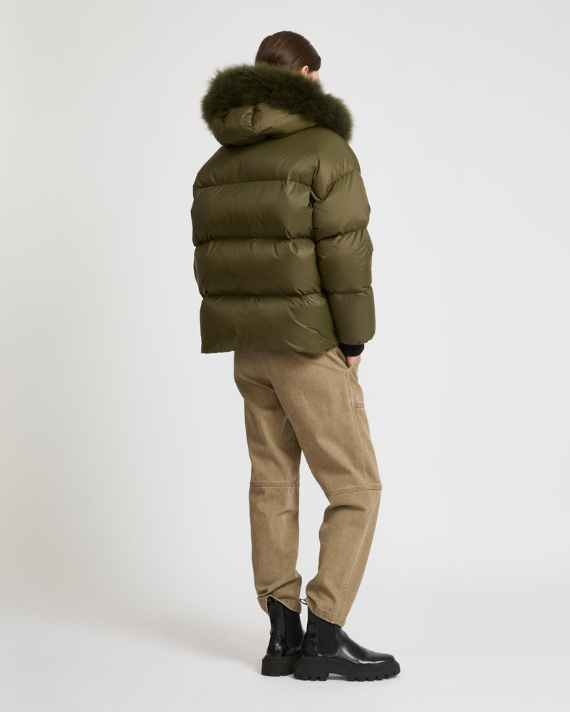 Hooded down jacket with fluffy lambswool trim