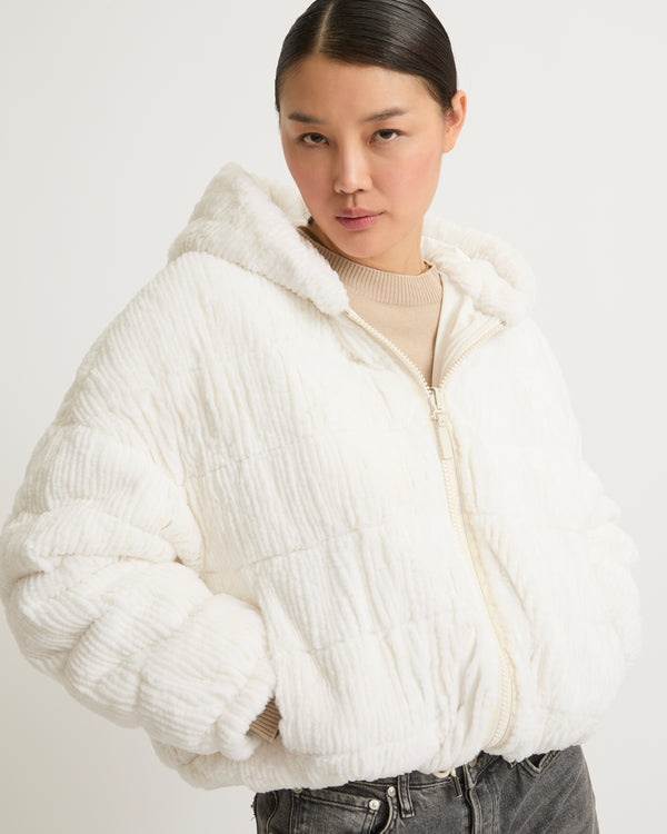 Short hooded down jacket in technical fabric reversible ribbed rex rabbit fur