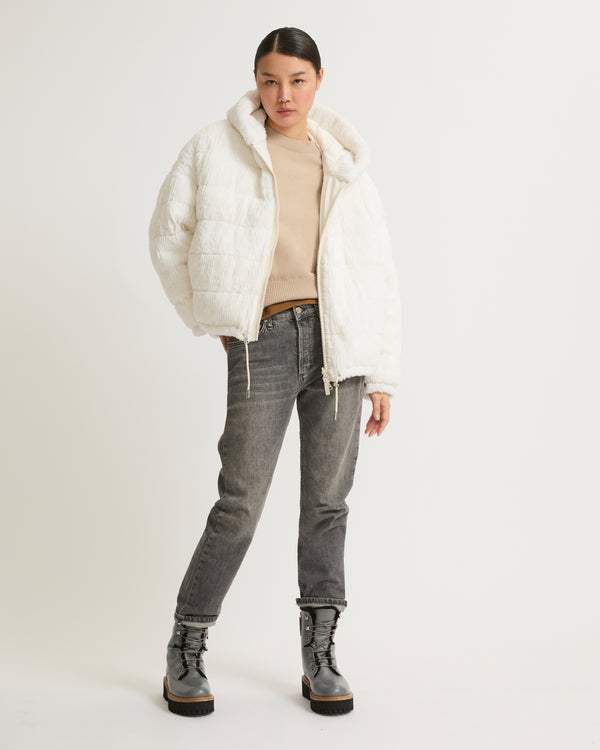 Short hooded down jacket in technical fabric reversible ribbed rex rabbit fur