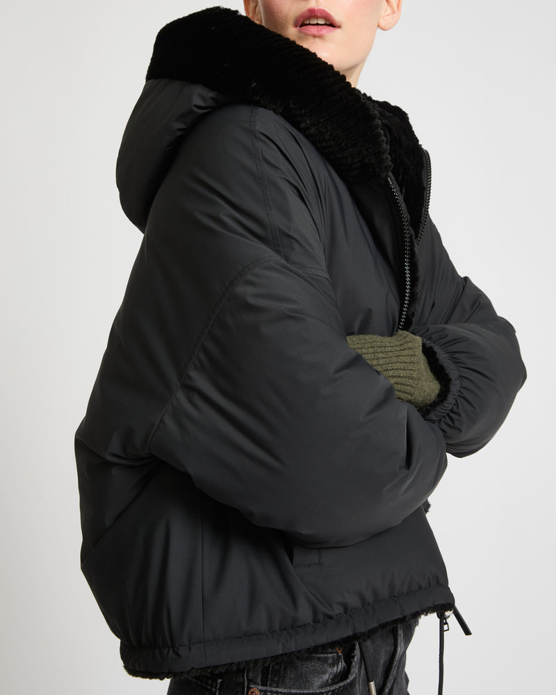 Short hooded down jacket in technical fabric reversible ribbed rex rabbit fur