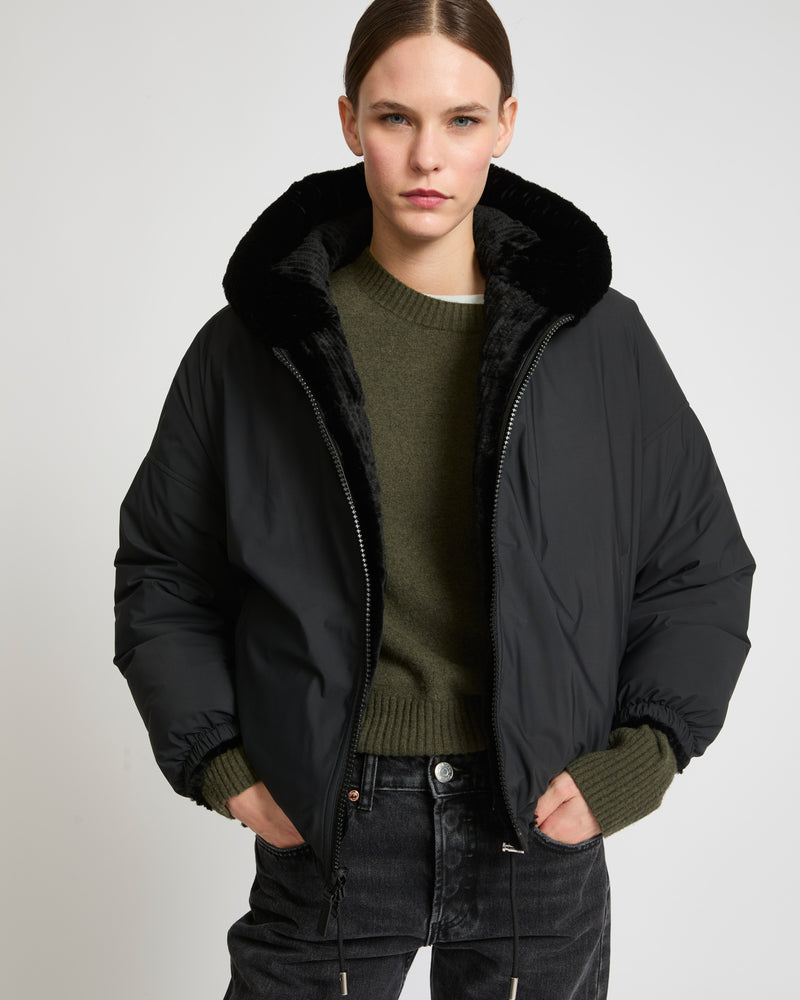 Short hooded down jacket in technical fabric reversible ribbed rex rabbit fur