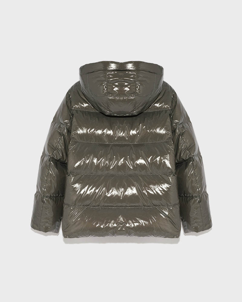 Hooded down jacket in shiny laminated nylon