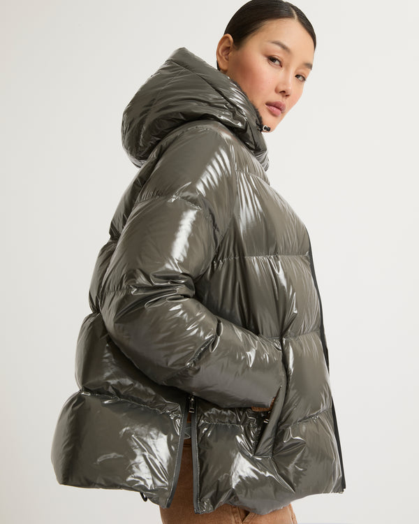 Hooded down jacket in shiny laminated nylon