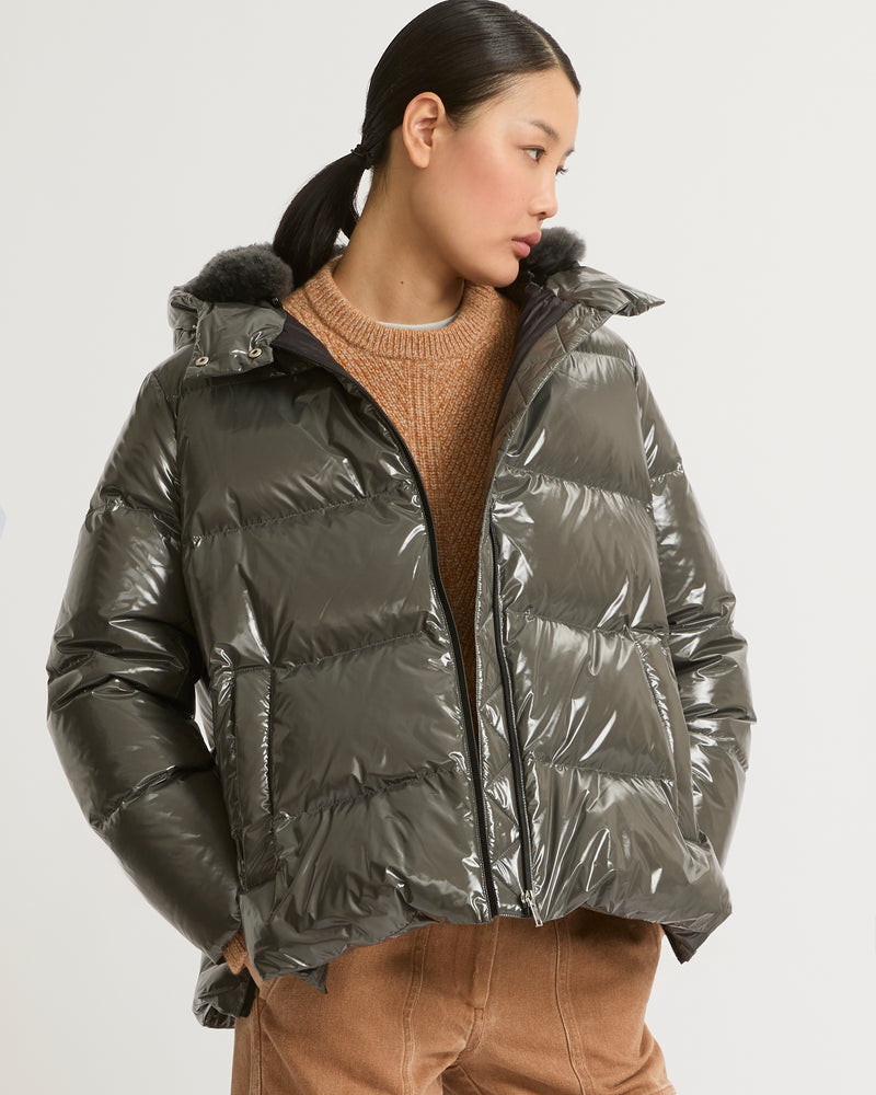 Hooded down jacket in shiny laminated nylon