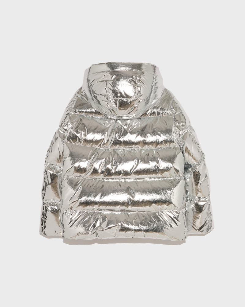 Hooded down jacket in shiny laminated nylon