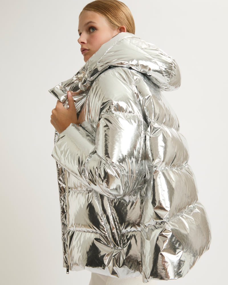 Hooded down jacket in shiny laminated nylon