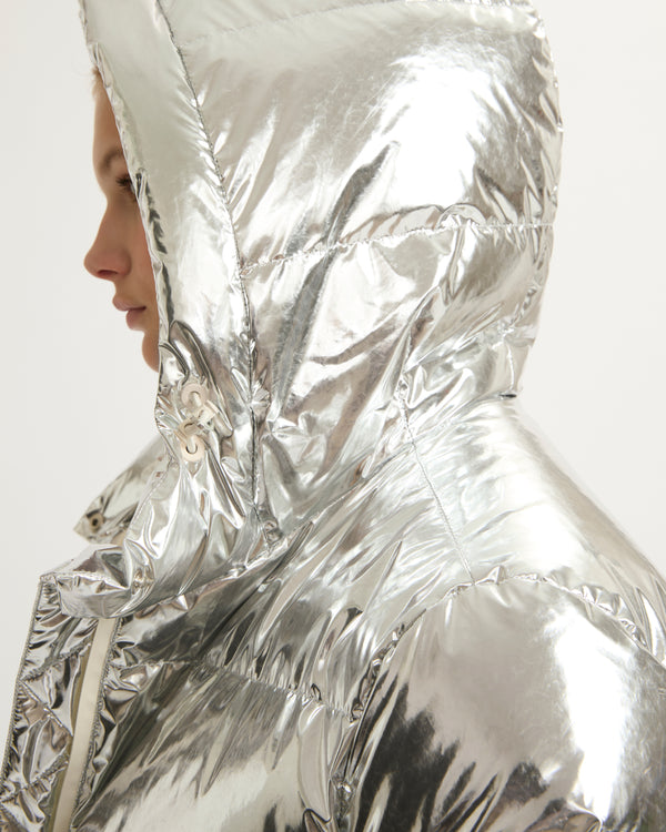 Hooded down jacket in shiny laminated nylon