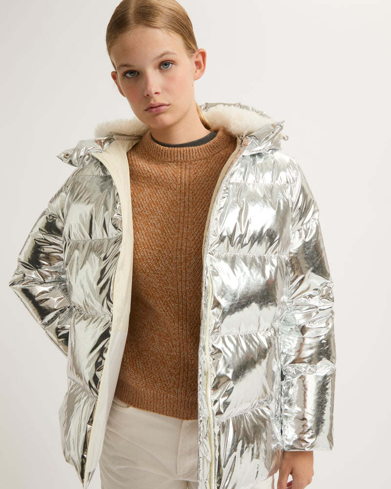 Hooded down jacket in shiny laminated nylon