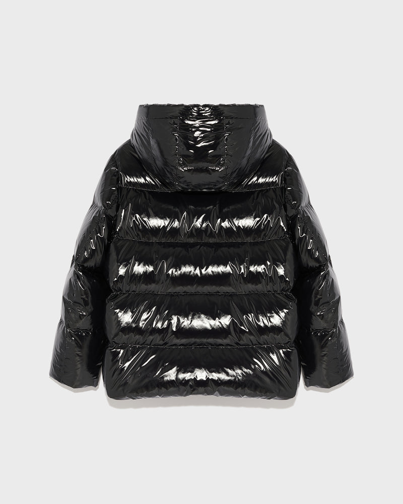 Hooded down jacket in shiny laminated nylon