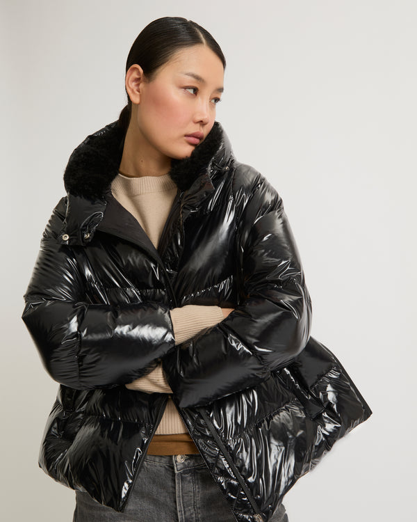 Hooded down jacket in shiny laminated nylon