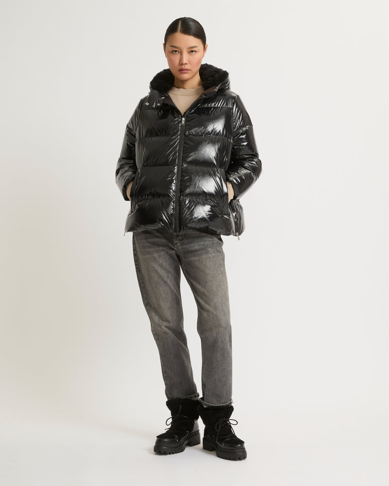 Hooded down jacket in shiny laminated nylon