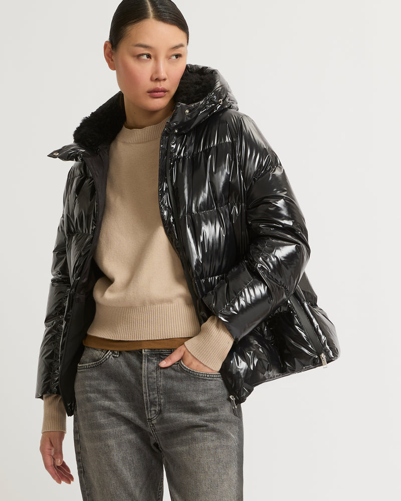 Hooded down jacket in shiny laminated nylon