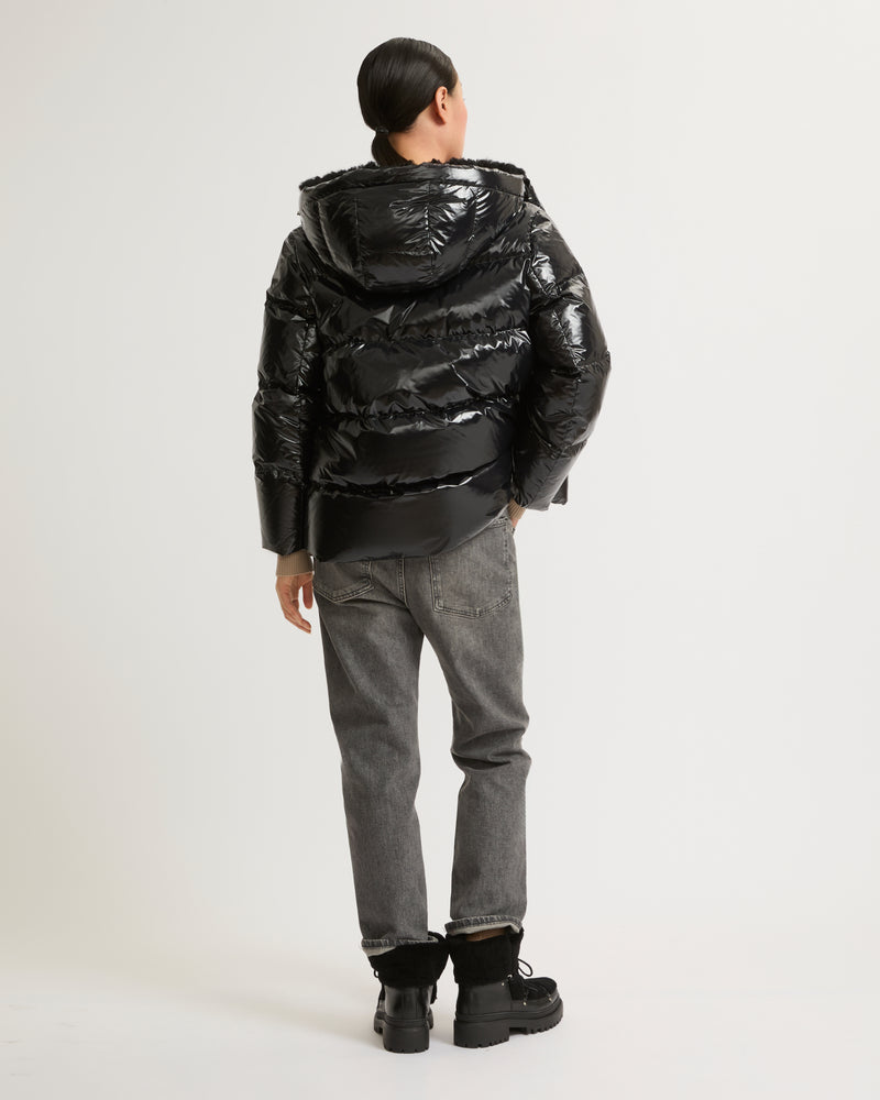 Hooded down jacket in shiny laminated nylon