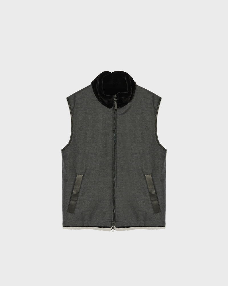 Wool-silk fabric reversible sheared mink fleece gilet