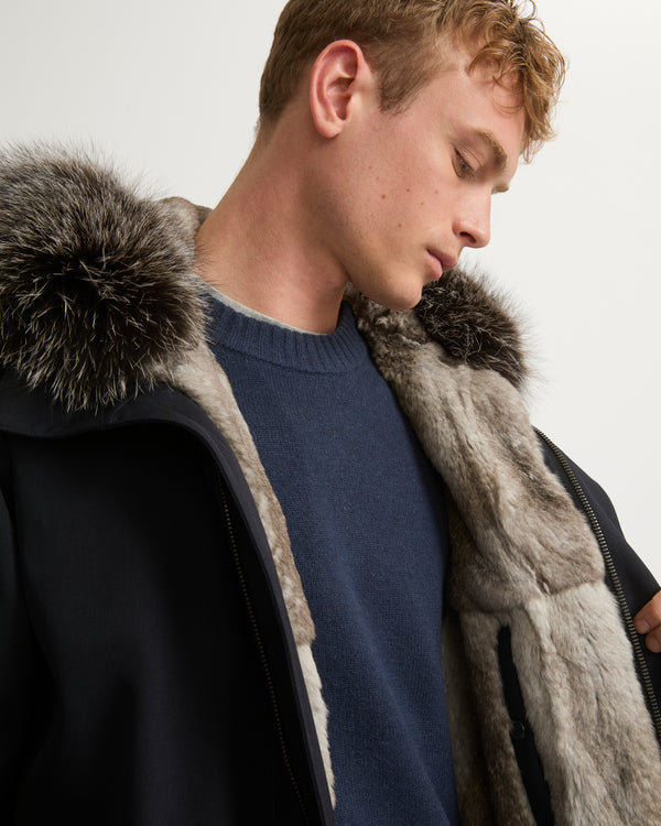 Fishtail parka in technical wool and fur