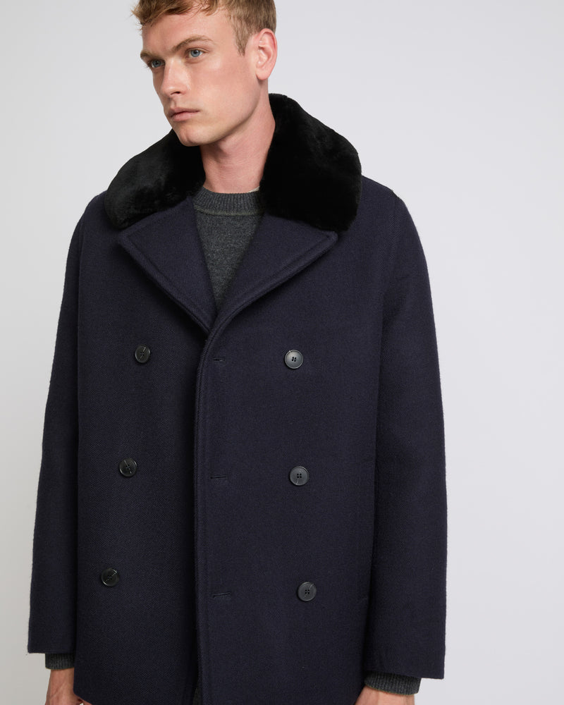 Woollen fabric pea coat with shearling collar