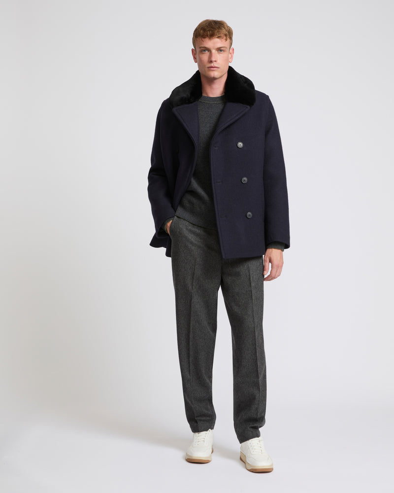 Woollen fabric pea coat with shearling collar