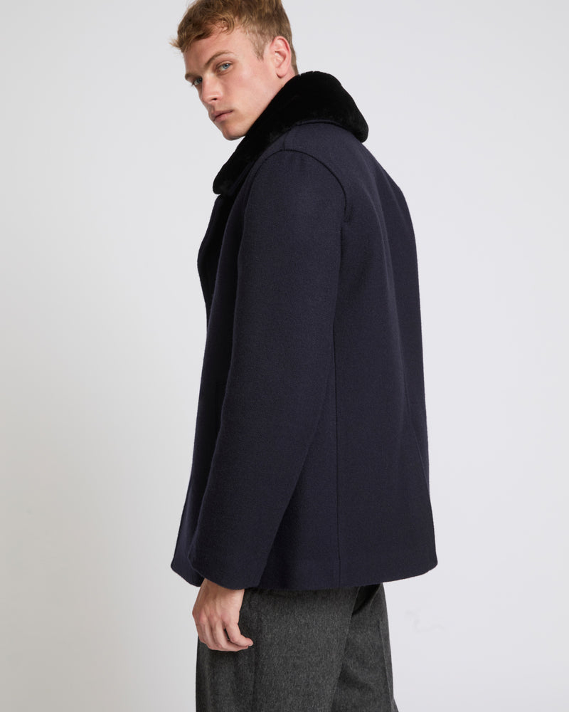 Woollen fabric pea coat with shearling collar