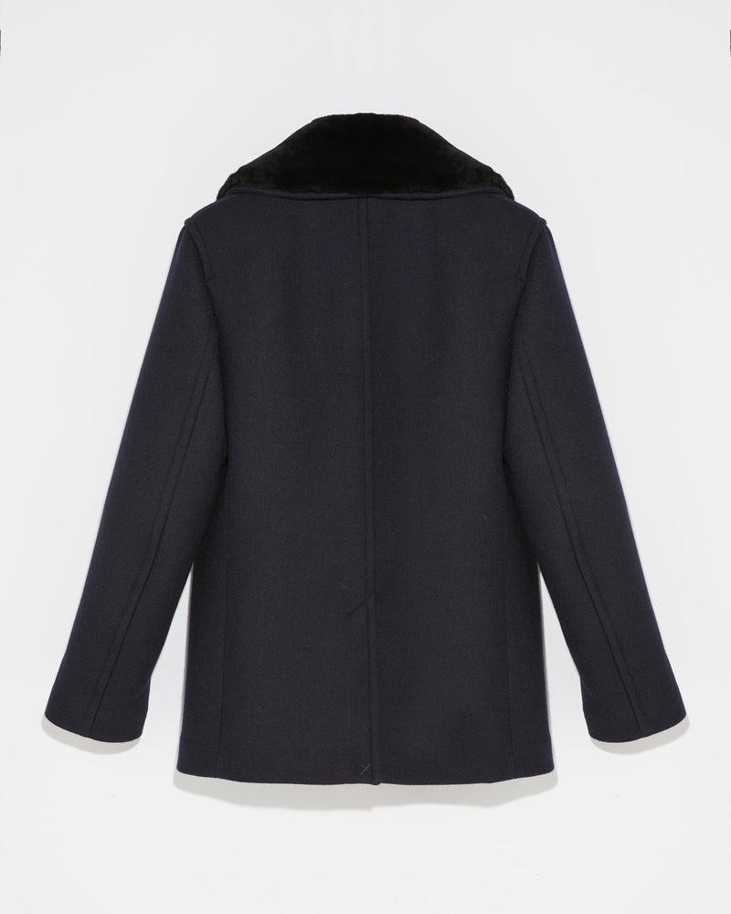 Woollen fabric pea coat with shearling collar