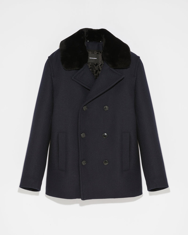 Woollen fabric pea coat with shearling collar