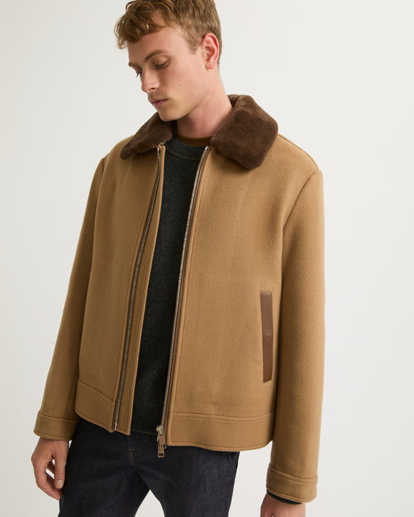 Zipped jacket in double-sided wool-cashmere fabric with mink collar