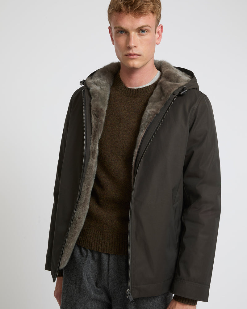 Hooded jacket in technical gabardine and mink fur