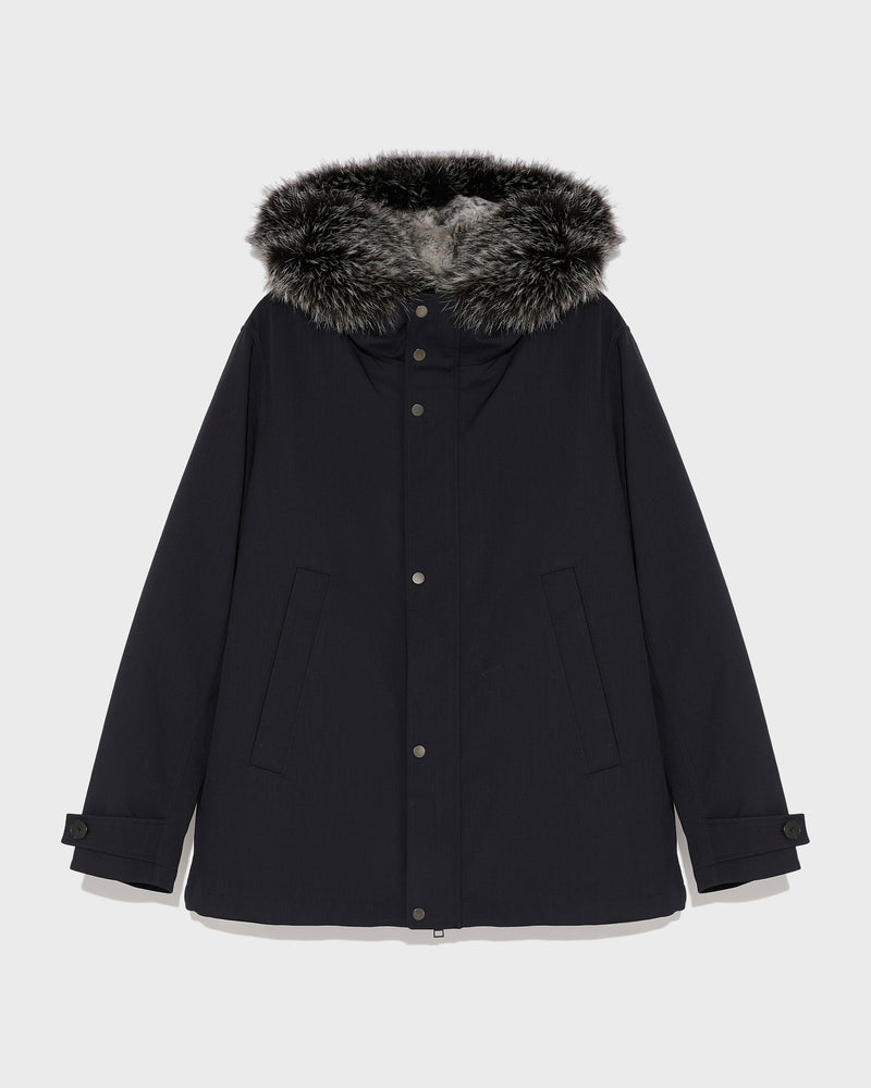 Short parka in technical wool and fur