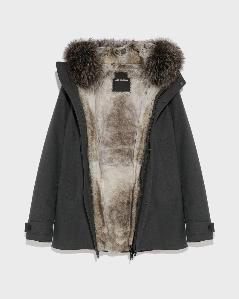 Short parka in technical wool and fur