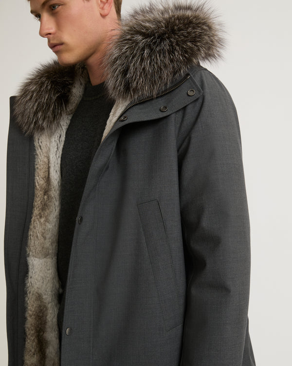 Short parka in technical wool and fur