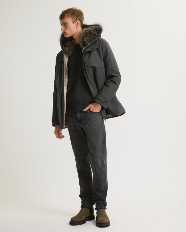 Short parka in technical wool and fur