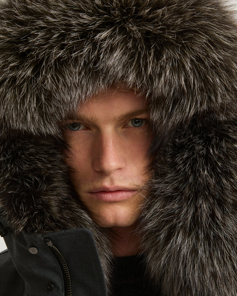 Short parka in technical wool and fur