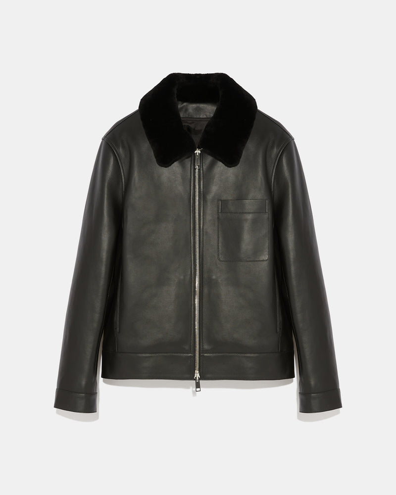 Leather jacket with shearling collar