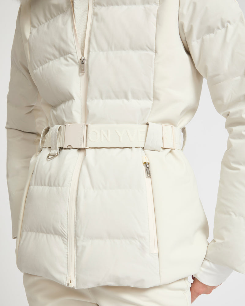 Mixed fabric belted skiwear jacket with fox fur trim - Yves Salomon Mountain - Ski