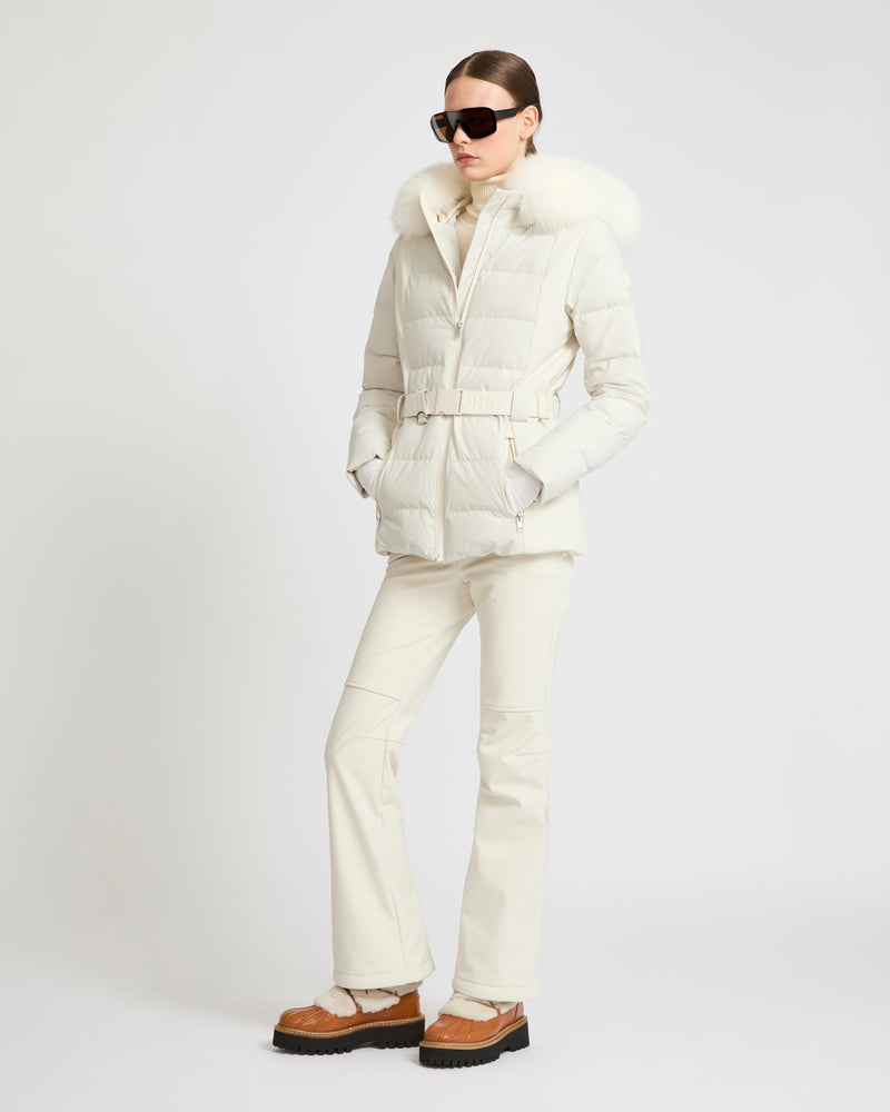 Mixed fabric belted skiwear jacket with fox fur trim - Yves Salomon Mountain - Ski