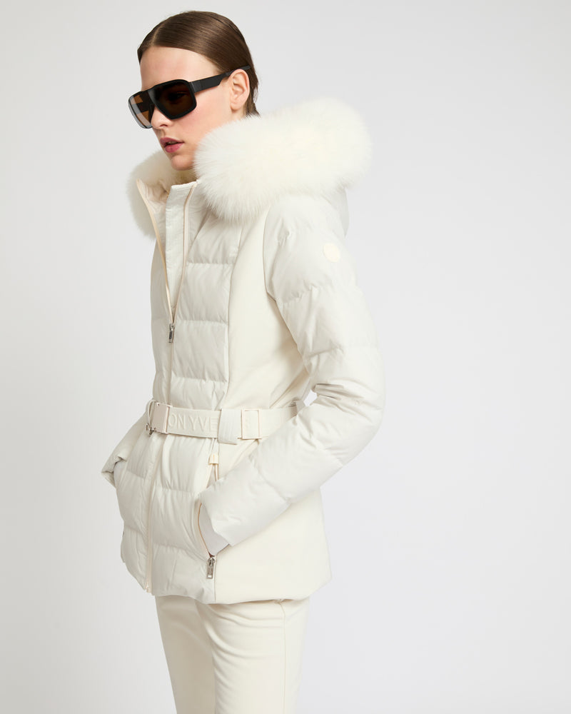 Mixed fabric belted skiwear jacket with fox fur trim - Yves Salomon Mountain - Ski