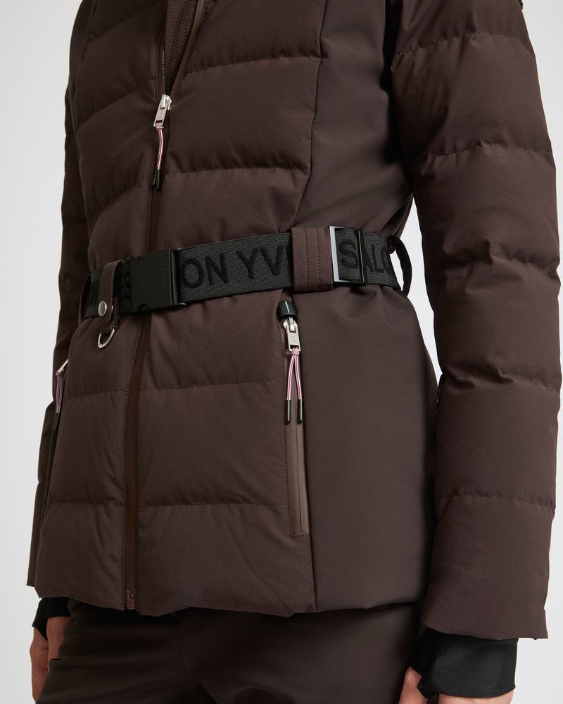 Mixed fabric belted skiwear jacket with fox fur trim - Yves Salomon Mountain - Ski