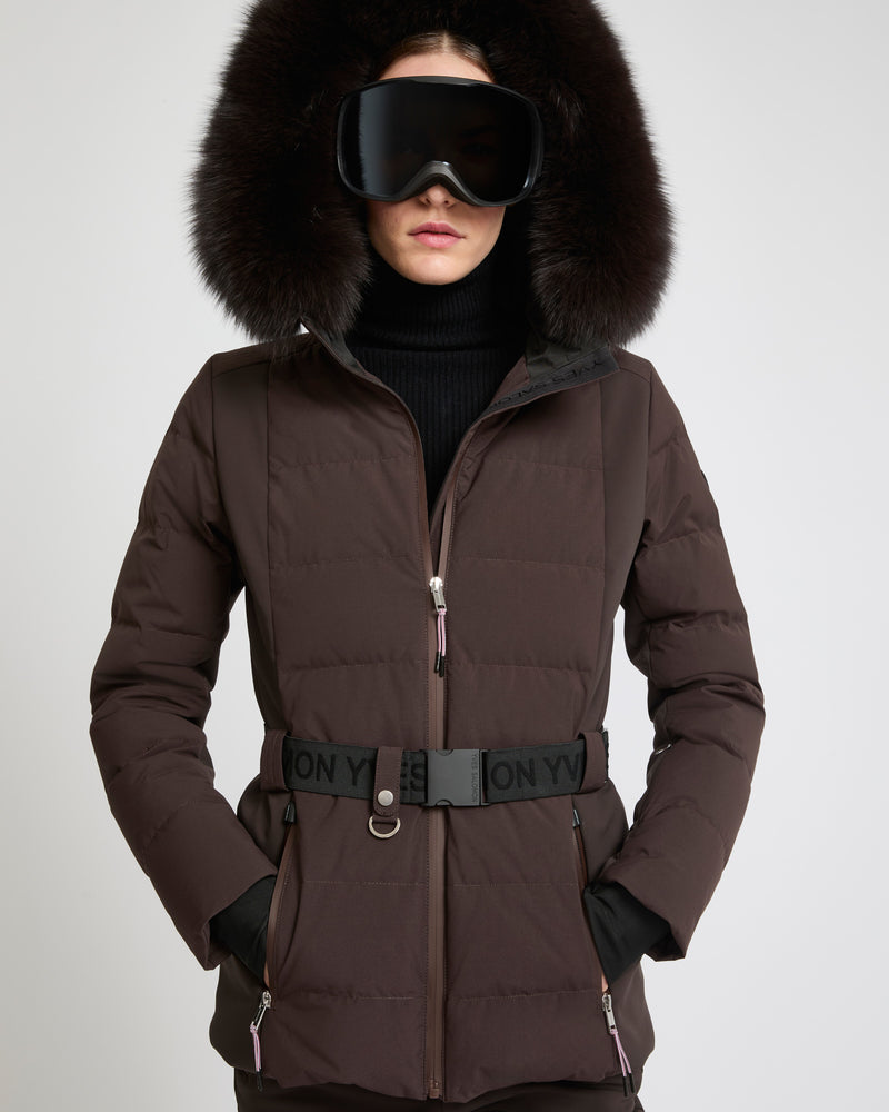 Mixed fabric belted skiwear jacket with fox fur trim - Yves Salomon Mountain - Ski