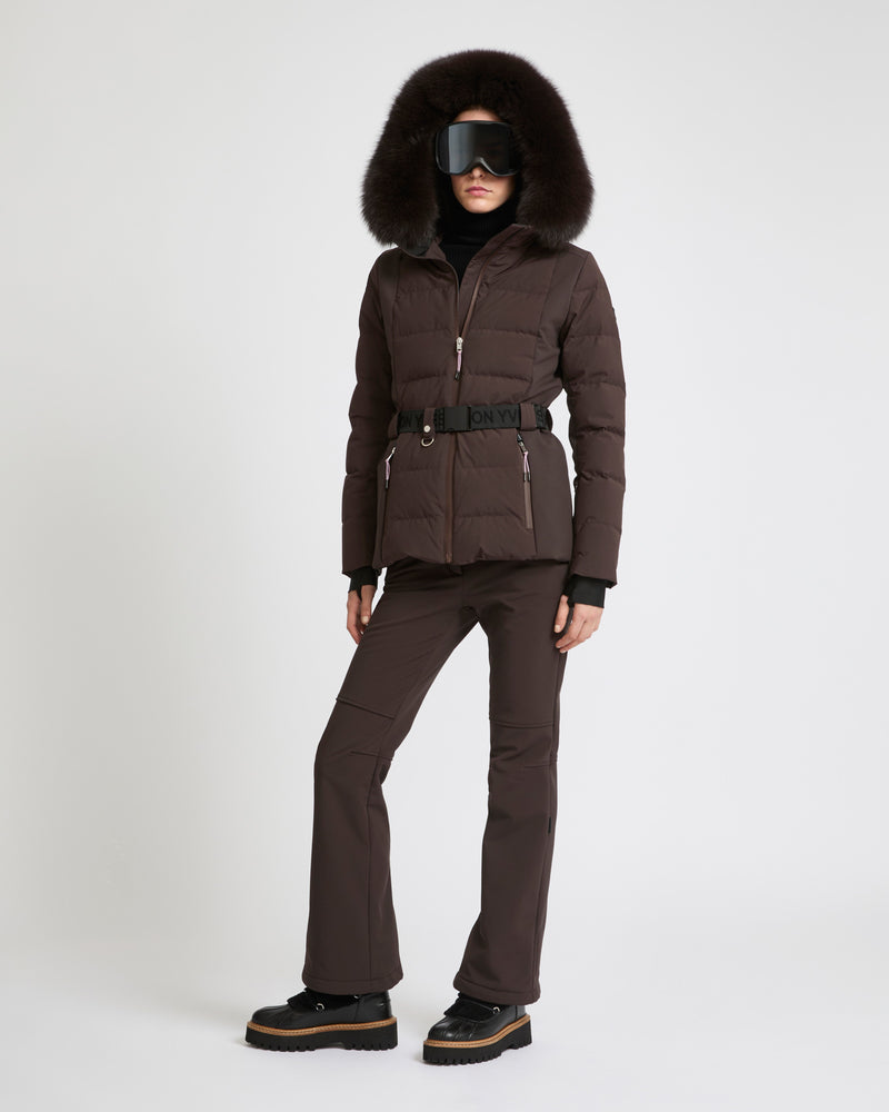 Mixed fabric belted skiwear jacket with fox fur trim - Yves Salomon Mountain - Ski