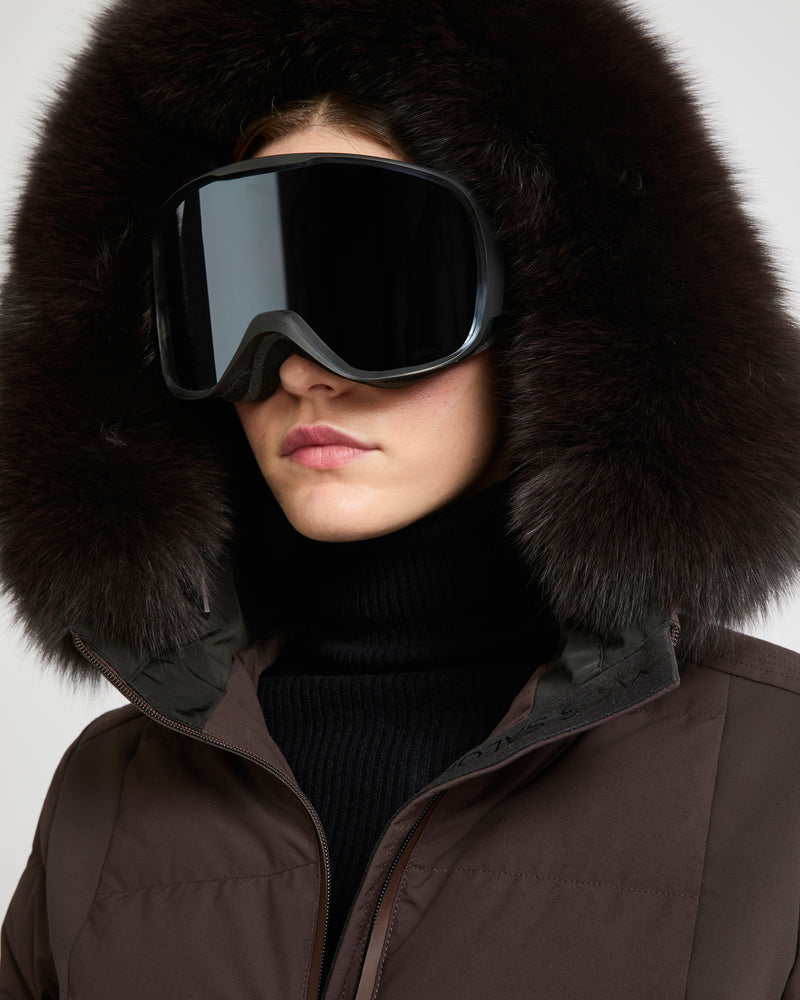 Mixed fabric belted skiwear jacket with fox fur trim - Yves Salomon Mountain - Ski