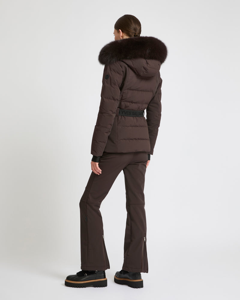 Mixed fabric belted skiwear jacket with fox fur trim - Yves Salomon Mountain - Ski