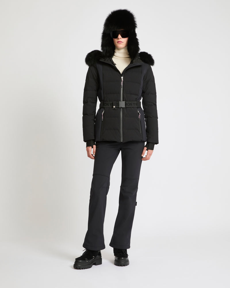 Mixed fabric belted skiwear jacket with fox fur trim - Yves Salomon Mountain - Ski