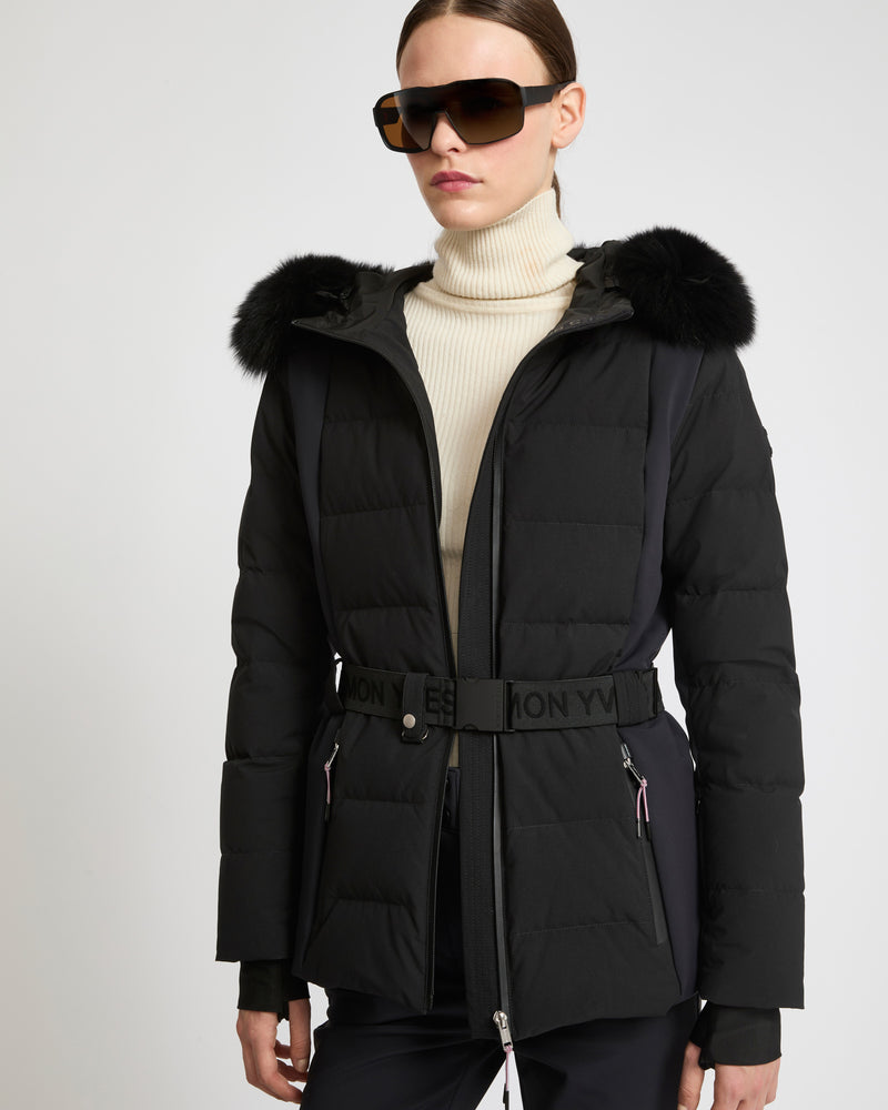 Mixed fabric belted skiwear jacket with fox fur trim - Yves Salomon Mountain - Ski