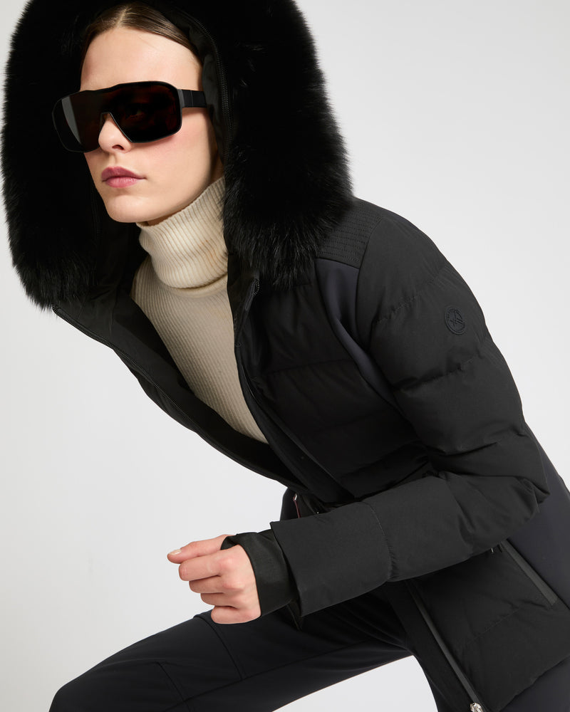 Mixed fabric belted skiwear jacket with fox fur trim - Yves Salomon Mountain - Ski