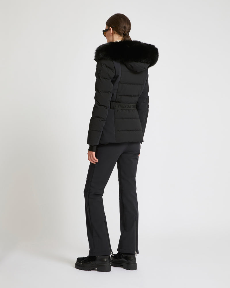 Mixed fabric belted skiwear jacket with fox fur trim - Yves Salomon Mountain - Ski